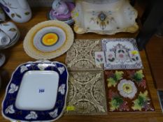 Four Victorian pottery tiles, a blush decorated dish, a selection of decorative wall plates etc
