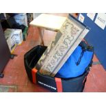 Large canvas Paterson suitcase, rucksack, small rug, fold-up table (a parcel)