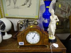 Vintage burr walnut cased mantel clock by Russells Ltd, Liverpool, a stylish vintage type telephone,