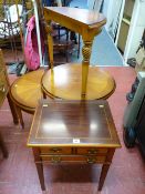 Circular occasional table with two half moon side tables and a mahogany inlaid occasional table with