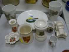 Small collection of crested china including a Goss model of 'The Ancient Font' in St Tudno's Church,