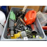 Plastic crate containing Woolworths workshop polisher, Hitachi hand drill, paint sprayer equipment