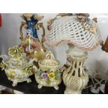 Floral decorated Victorian vase and four Capodimonte style ornaments including a table lamp