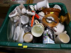 Crate of household crockery, kitchen utensils and Pyrex ware etc