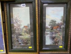 Pair of framed Victorian prints - cottages and people near rivers