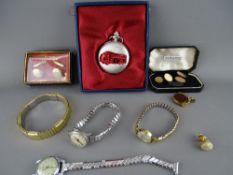 Modern pocket watch, three lady's wristwatches, gilt metal hardstone watch fob, gent's cufflinks