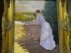 D STEPHENSON gilt framed oil on board - young girl in period dress taking in the view from a bridge,