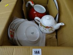 Modern European part teaset and a boxed enamel kettle etc