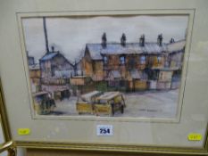 ROBERT BINDLOSS mixed media study - back street view with cars parked, signed and dated '76