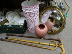 Circular gilt framed mirror, a pottery stickstand and contents and a pink bulbous vase