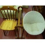 Pine farmhouse chair, pine towel airer and a basket weave metal framed tub chair