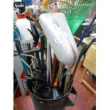 Plastic bin containing various long handled garden tools etc