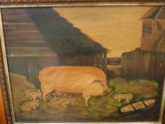 Naive late 20th Century oil on board study of a sow and piglets in a stable