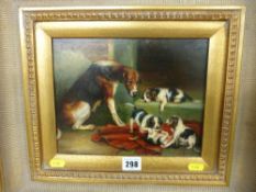 After THOMAS BLINKS gilt framed oil on panel - dog with her pups, bears signature