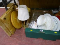 Quantity of Pyrex ware, three wooden chopping boards and various glassware etc