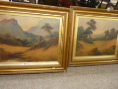 Two vintage gilt framed watercolour studies - castle ruin set before imposing mountains and cottages