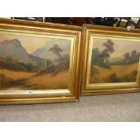 Two vintage gilt framed watercolour studies - castle ruin set before imposing mountains and cottages