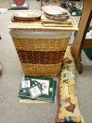 Wicker linen basket and a quantity of vintage placemats etc