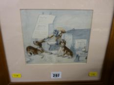 Victorian watercolour study - monkey teasing dogs in a classroom setting, initialled and dated label