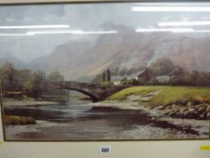 PETER SYMONDS framed print - mountainscape with village and bridge over a river to the foreground