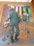 JOHN CHERRINGTON elderly lady with dog outside a butcher's shop, signed and dated '90