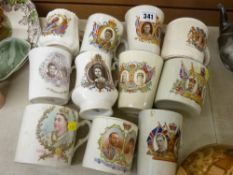 Selection of commemorative pottery mugs, predominantly late Victorian and early 20th Century