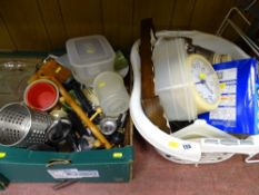 Plastic tub and a box of kitchen utensils and tableware