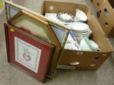 Mixed box of china tea and other tableware and three framed pictures and prints