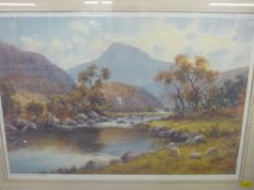 WARREN WILLIAMS ARCA limited edition (120/500) print - Snowdonia setting, river and livestock to the