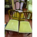 Two inlaid bedroom chairs and another with carved back and button upholstered seat