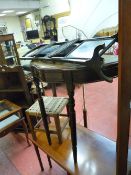 Half moon tooled leather topped hall table, string topped stool, nest of three tables and a