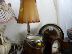 Vintage mantel clock and one other, an oak biscuit barrel (no lid) and a decorative table lamp