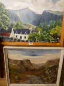 DENNIS oil on board - farmstead with trees and mountainous backdrop and R O'CONNOR oil on board -