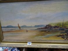 Oil on canvas - Abersoch and St Tudwals, boat in view with two figures walking on the sand,