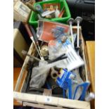 Tub of various ironmongery items along with a crate of garage items including an oil can etc