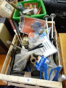 Tub of various ironmongery items along with a crate of garage items including an oil can etc