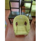 Pair of farmhouse style chairs and a small wicker chair
