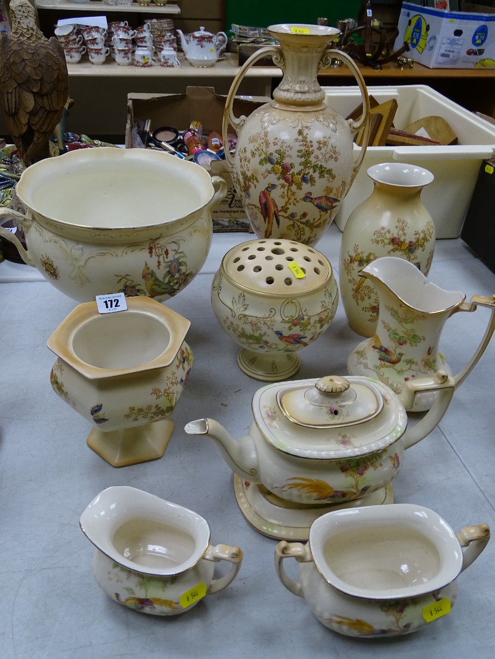 Mixed quantity of blush decorated pottery including a four piece teaset, a pot pourri jar and cover,