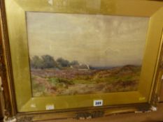 J G VEACO watercolour study - moorland heather before a country cottage and trees, signed