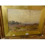 J G VEACO watercolour study - moorland heather before a country cottage and trees, signed