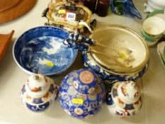 Masons double landscape sauce tureen, cover, ladle and stand, a Jenny Lind blue and white pottery