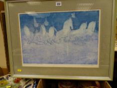 Framed print of stylized horses titled 'Approaching Thunder', no. 4/25, indistinctly signed in