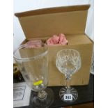 Boxed set of six Sovereign hock glasses and an etched glass vase