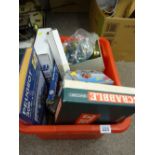 Box of mixed items including Haynes manuals, lamps etc