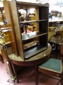 19th Century half moon hall table, two small polished open bookcases and a box seat piano stool