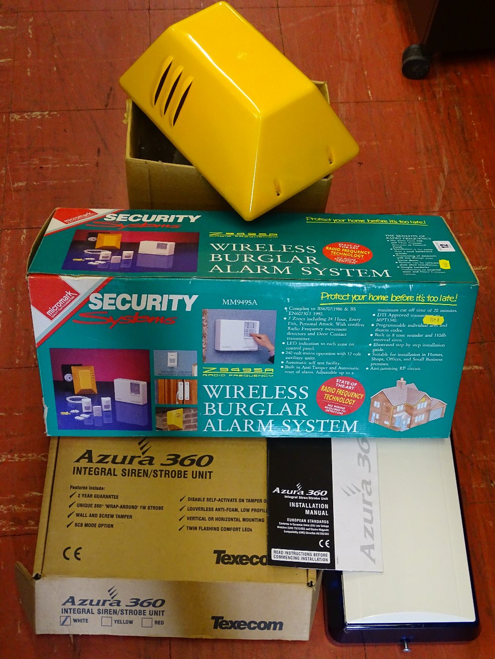 Micromark security system wireless burglar alarm and an Azura 360 siren strobe unit etc