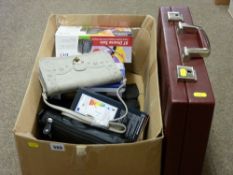 Box of handbags, household items, briefcase
