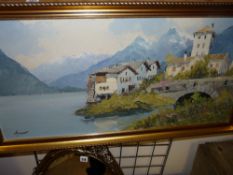 Oil on canvas - Continental village and lake scene with snow capped mountains to the background,