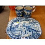 Two blue and white tankards and a platter