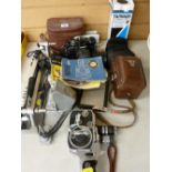 Vintage camera equipment including a Bolex Pailard cine camera, Franke & Heidecke Braunschweig by